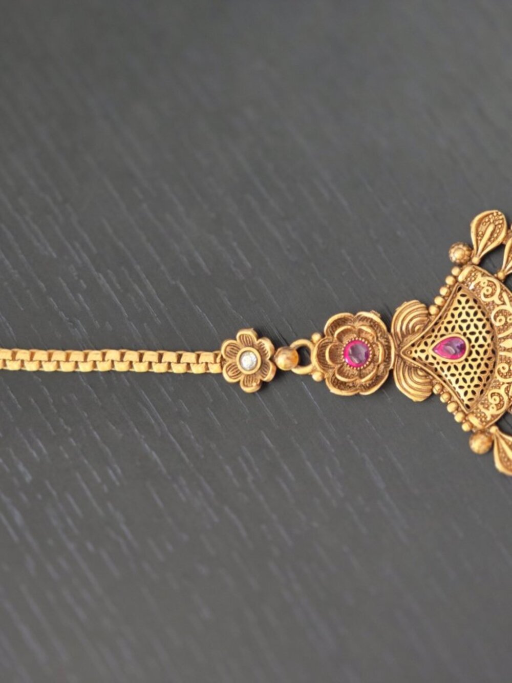 New Matte Antique Gold Chandbali Maang Tikka Festive Red Ruby Headpiece